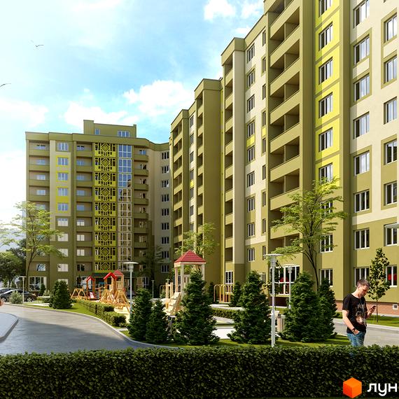 Зовнішній вигляд житлового комплексу на вул. Микулинецька, 101а, з зеленими фасадами та балконами. Прибудинкова територія з дитячим майданчиком та зеленими насадженнями.