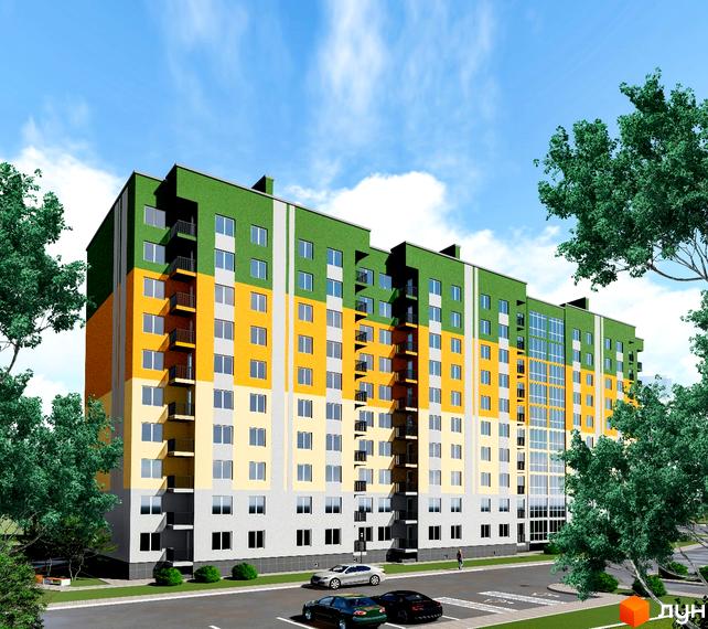 Житловий комплекс Тріумф - багатоповерхова новобудова з яскравим фасадом у зелено-жовтих тонах. Навколо будинку облаштована прибудинкова територія з парковкою та деревами.