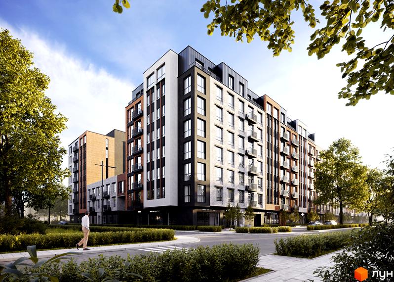 Житловий комплекс Avalon Yard – це сучасна новобудова з цегляним фасадом та балконами, розташована біля зеленої зони з деревами.