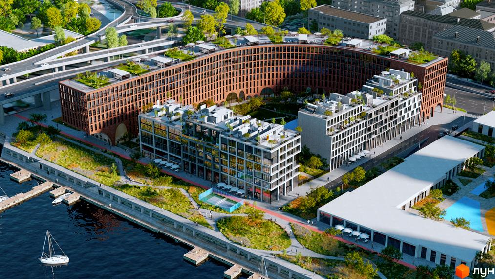 Новий Поділ: вид на житловий комплекс з боку води та набережну з парковою зоною. Архітектура новобудови та прилегла територія.