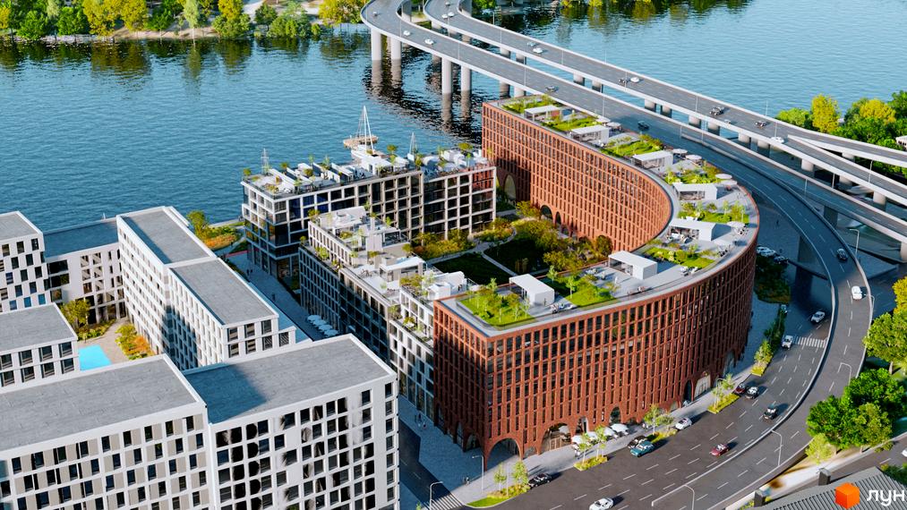 Новобудова Новий Поділ біля річки з багаторівневою дорогою. Комплекс має вигнуту форму з цегляним фасадом та зеленими терасами.