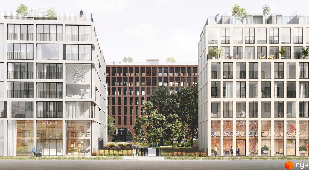 Новобудова Новий Поділ: фасади будинків з великими вікнами та балконами, зелена прибудинкова територія з деревами та зонами відпочинку.