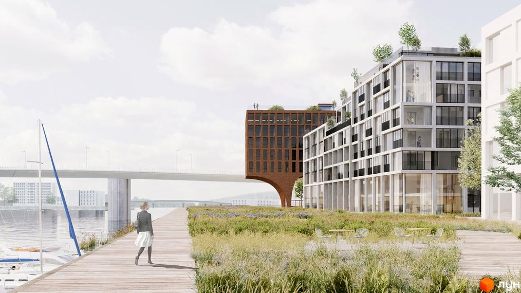 Новобудова Новий Поділ з цегляним фасадом та білою будівлею з панорамними вікнами. Набережна з дерев'яним покриттям та зеленою зоною відпочинку.