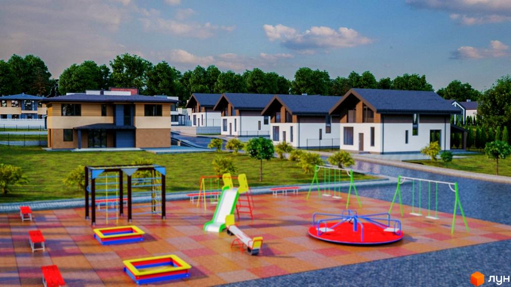 Котеджне містечко Сонячний схил. Двоповерхові будинки з темною покрівлею та білими фасадами. На прибудинковій території дитячий майданчик.