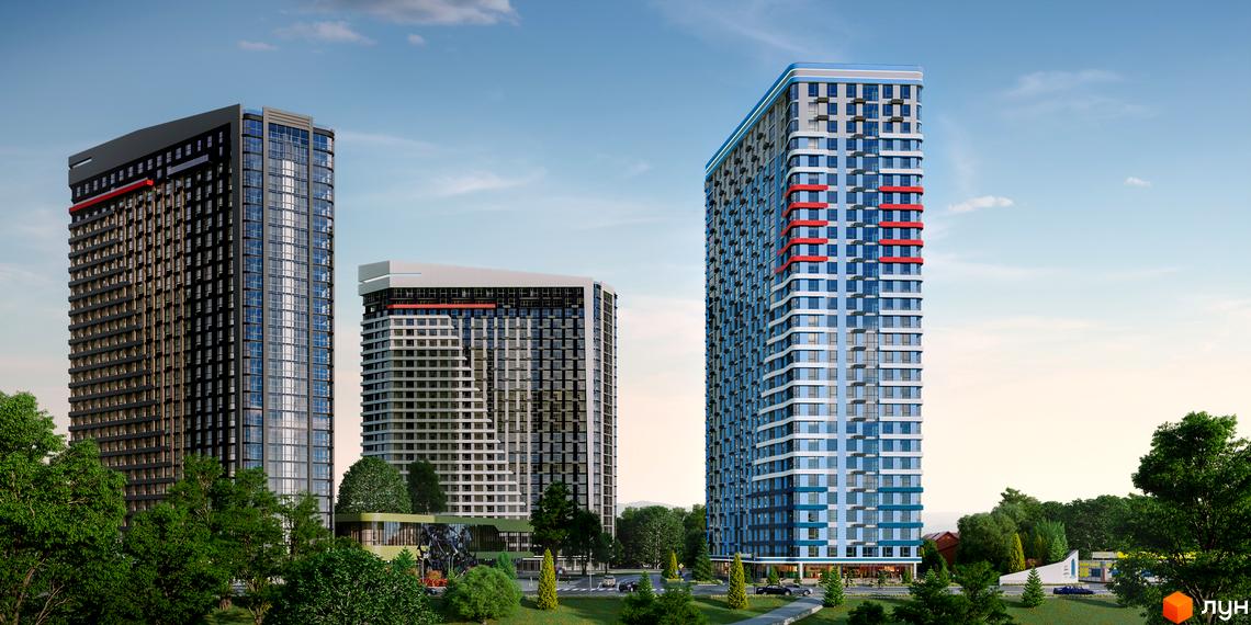 Житловий комплекс Берег Дніпра - це сучасні багатоповерхові будинки з різнокольоровими фасадами та склінням. Навколо комплексу зелена зона з деревами та доглянутим ландшафтом.