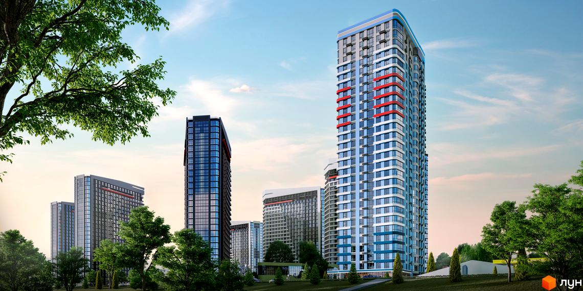 Житловий комплекс Берег Дніпра - це сучасні висотні будинки з панорамними вікнами та червоними елементами на фасаді, оточені зеленою зоною з деревами.