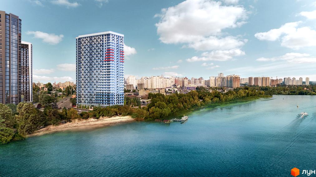 Зображення Житлового комплексу Берег Дніпра. Високий будинок на березі річки з прибудинковою територією.