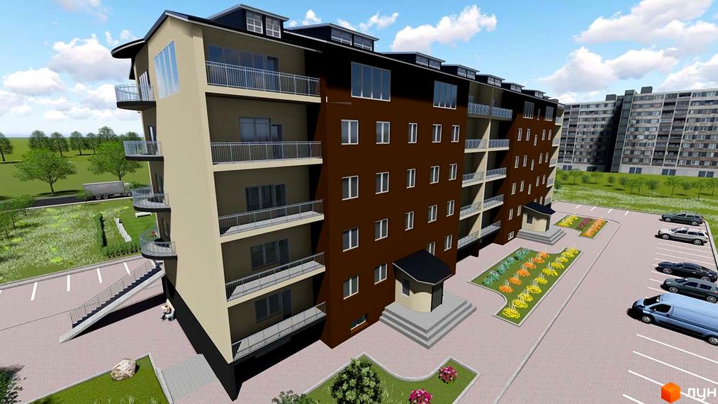 Зображення Житлового комплексу Надбужанський. Багатоповерховий будинок з балконами, поруч парковка та зелені насадження.