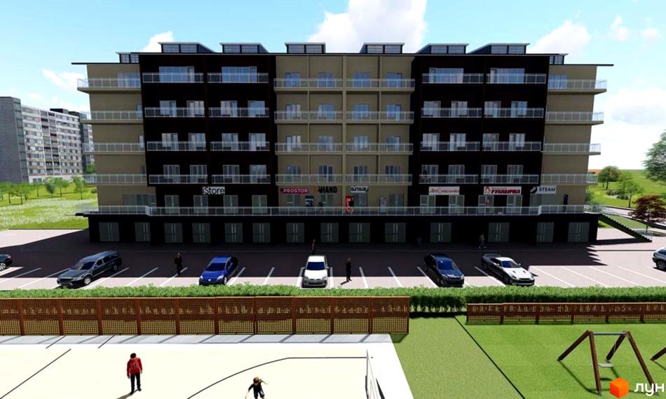 Зображення Житлового комплексу Надбужанский. Багатоповерхова будівля з магазинами на першому поверсі, парковкою та дитячим майданчиком.