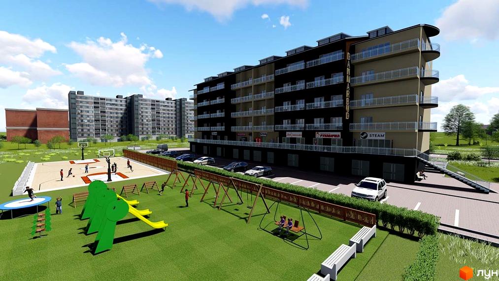 Житловий комплекс Надбужанский: багатоповерховий будинок з балконами та прибудинковою територією з дитячим майданчиком і парковкою.