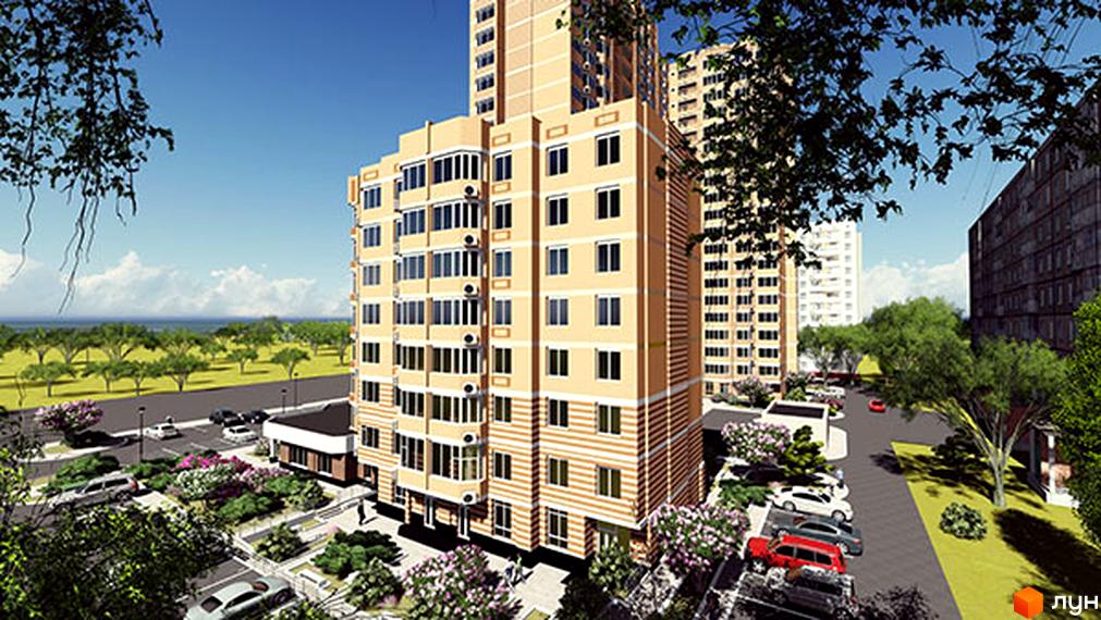 Зовнішній вигляд світло-бежевої новобудови ЖК Хвиля з численними вікнами та кондиціонерами. На прибудинковій території розташовані зелені насадження, квіти та парковка з автомобілями.