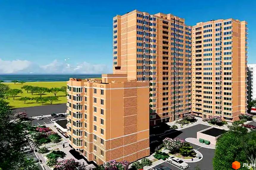 Житловий комплекс Хвиля - це сучасна новобудова з двома висотними будинками помаранчевого кольору. Територія навколо будинку озеленена, є парковка та дитячий майданчик.