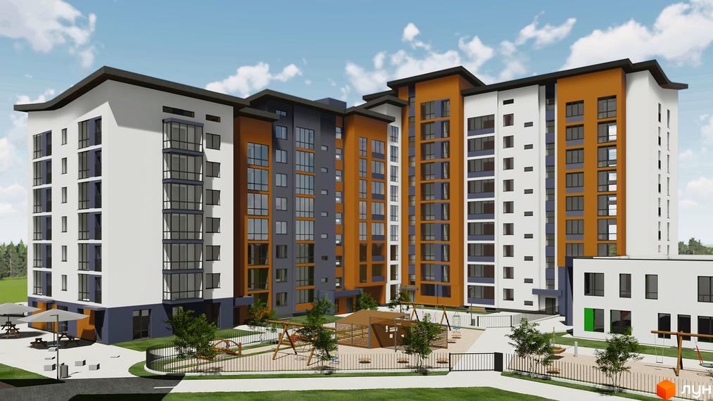 Житловий комплекс Рідний Дім – це багатоповерхові будинки з фасадами білого, сірого та помаранчевого кольорів. На прибудинковій території розташовані дитячі майданчики та зони відпочинку.