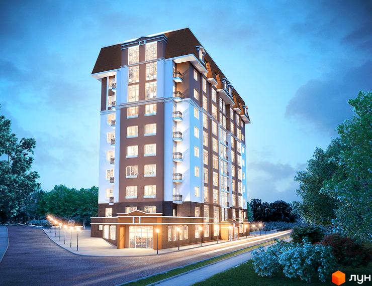 Житловий комплекс Сагайдачний - це висотна новобудова з коричнево-білим фасадом та балконами. Навколо комплексу розташовані дерева та освітлена вулиця.