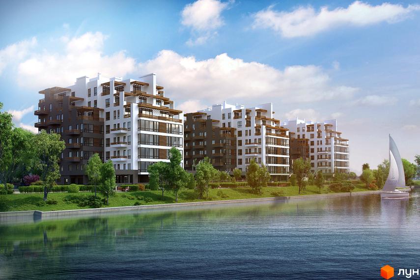 Житловий комплекс Бульвар Європейський - це сучасна архітектура будинків з терасами та великими вікнами, розташованих біля води з зеленою прибудинковою територією та яхтою на воді.