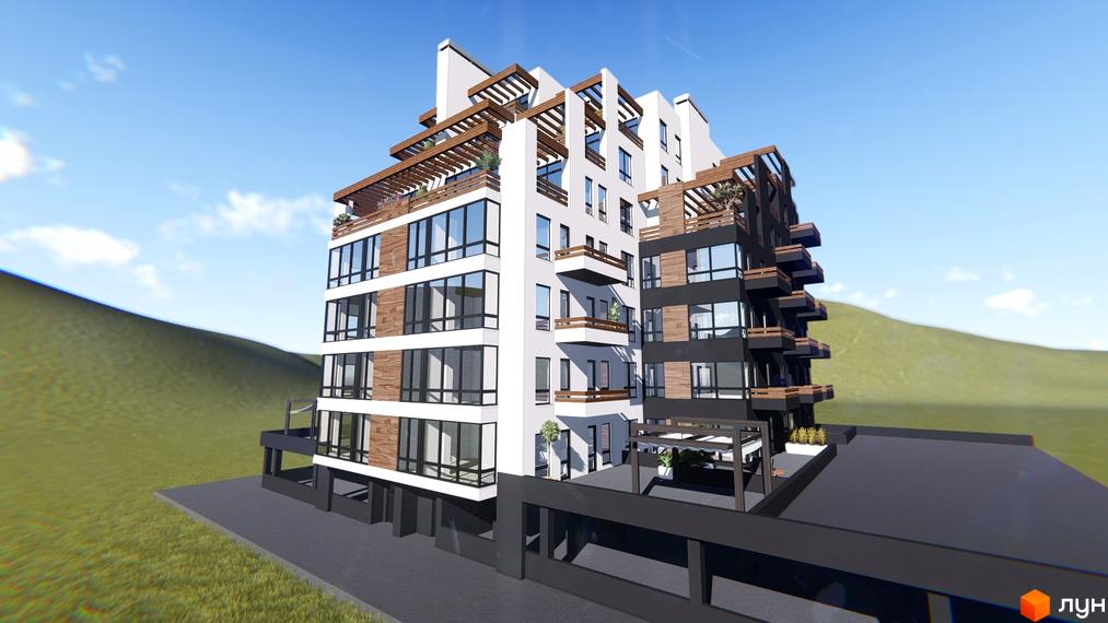 Будівельний проєкт Бульвар Європейський: багатоповерховий будинок з балконами та терасами, оздобленням деревом та скляними фасадами. Навколо будинку зелена зона та дорога.