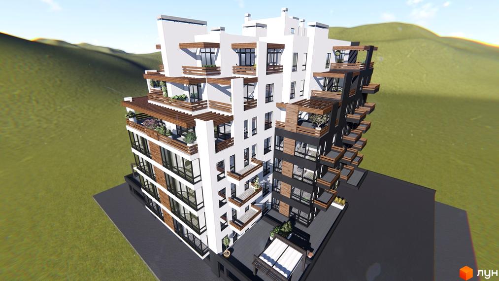 Будівельний проєкт Бульвар Європейський – це багатоповерхова будівля з балконами та терасами, оздобленими деревом. Навколо розташована зелена зона та доглянута прибудинкова територія.