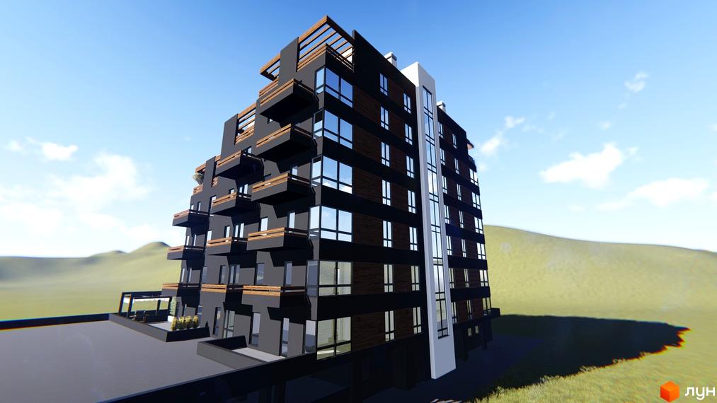 Житловий комплекс Бульвар Європейський - сучасна багатоповерхова будівля з балконами та великими вікнами на тлі зелених пагорбів. Прибудинкова територія включає зону відпочинку.