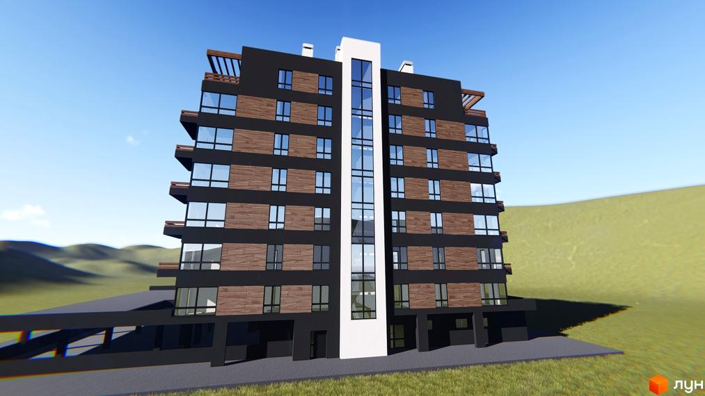 Житловий комплекс Бульвар Європейський. Сучасна новобудова з дерев'яними та темними фасадами, великими вікнами та балконами. Навколо зелена територія з пагорбами.