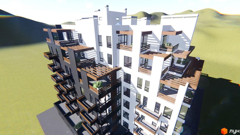 Житловий комплекс Бульвар Європейський - фасади будівель з балконами та вікнами. Зелена територія навколо новобудови.