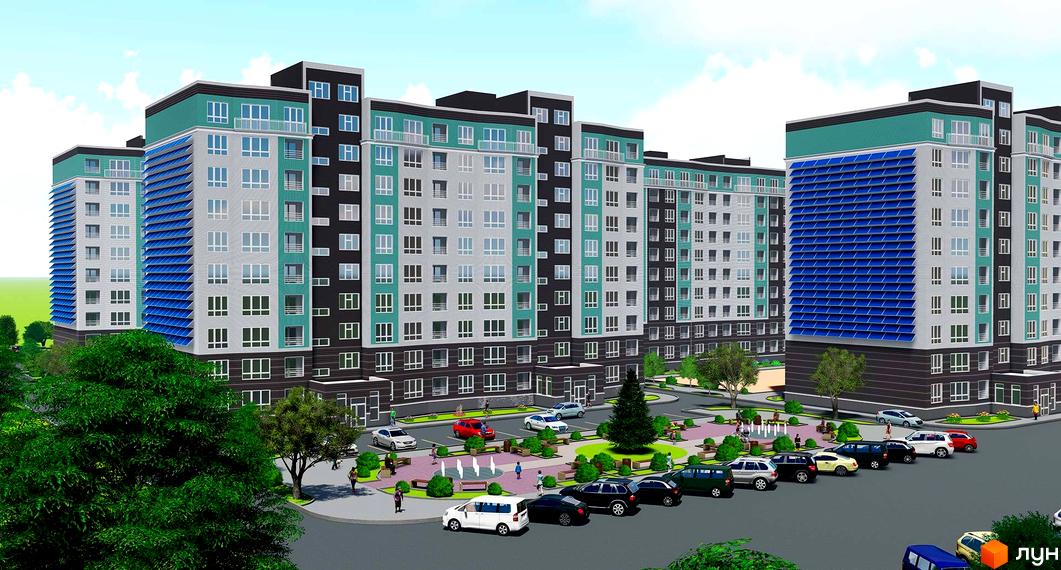 Житловий комплекс Казак Сіті з багатоповерховими будинками сірого, бірюзового та чорного кольорів. На прибудинковій території розташовані дерева, лавки та паркування з автомобілями.