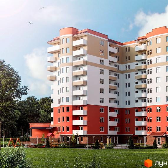 Зображення багатоповерхового будинку з балконами. На території Житлового комплексу є дитячий майданчик та зелені насадження.