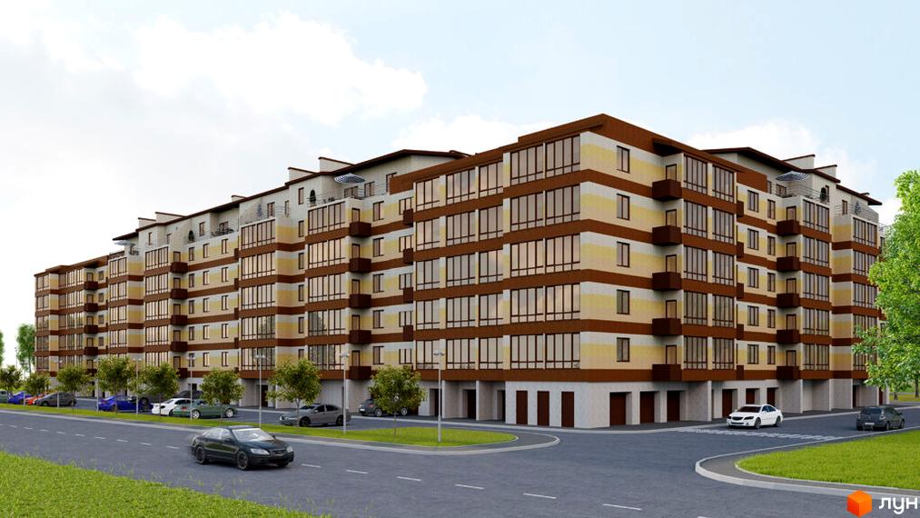 Житловий комплекс Мрія Золочів з фасадом у коричнево-бежевих тонах. На прибудинковій території є парковка, дерева та газон.