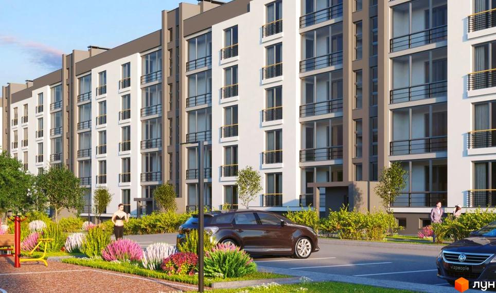 Новобудова ЖК Baker Street з білими фасадами та темними балконами. Поруч розташований зелений двір з квітами та спортивними тренажерами.