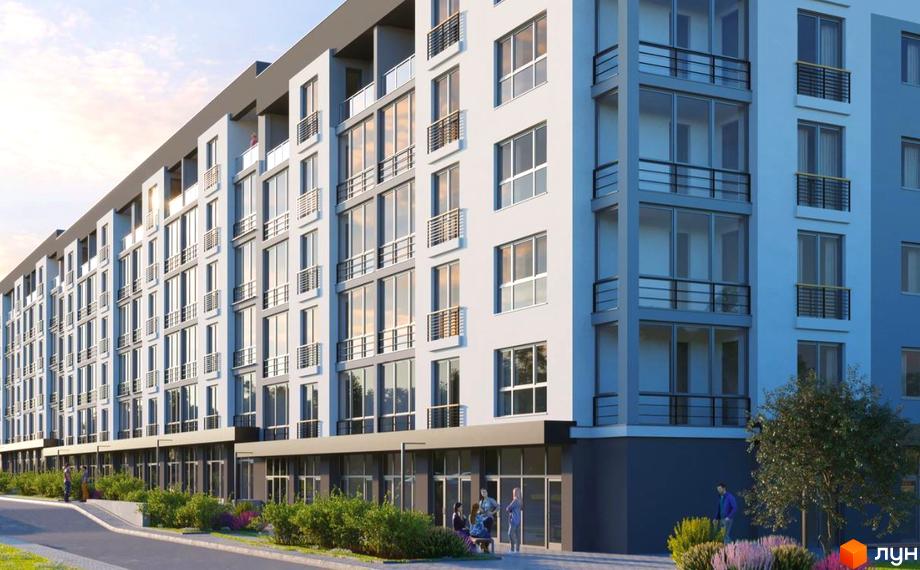 Фасад новобудови ЖК Baker Street з великою кількістю скління та балконами. Біля будинку розташована зелена прибудинкова територія з кущами та деревами.