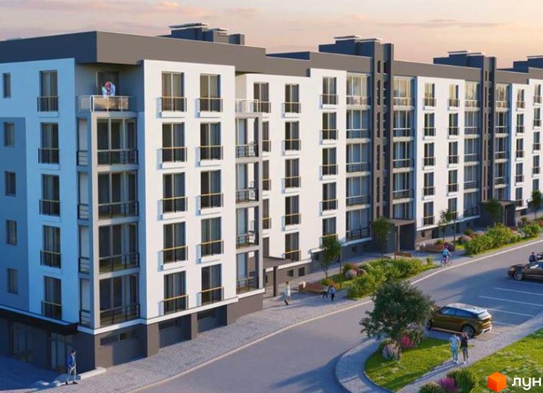 Новобудова ЖК Baker Street з біло-сірими фасадами та балконами. Прибудинкова територія з дорогою, зеленими насадженнями та автомобілями.