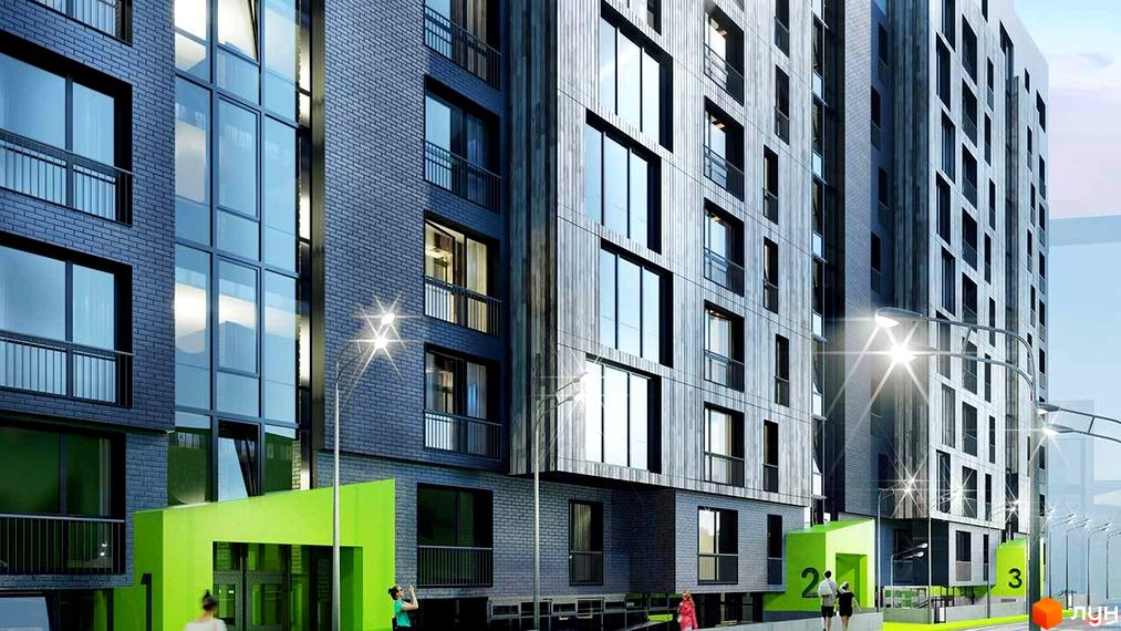 Зовнішній вигляд житлового комплексу Нове Життя з фасадами з цегли та великими вікнами. Біля будинку розташовані зелені зони та ліхтарі.