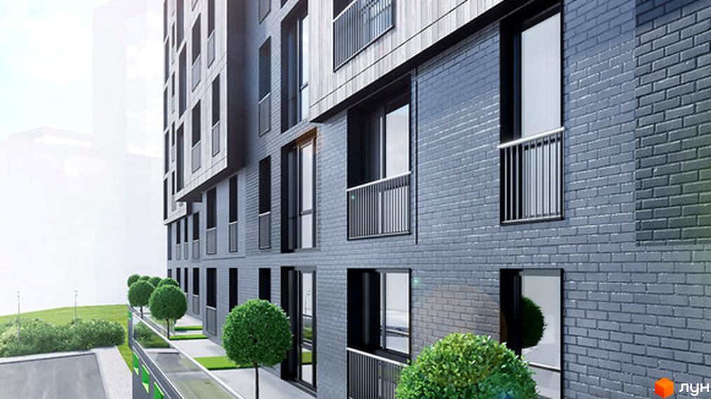 Фасад новобудови ЖК Нове Життя з сірої цегли та дерев'яних панелей, з балконами та великими вікнами. Прибудинкова територія з акуратними зеленими кущами та деревами.