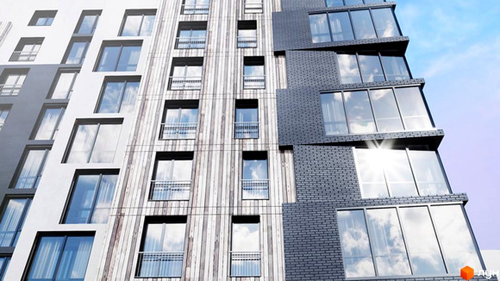 Новобудова Нове Життя з панорамними вікнами та цегляним фасадом. Зовнішній вигляд будинку з великою кількістю скла та балконами.