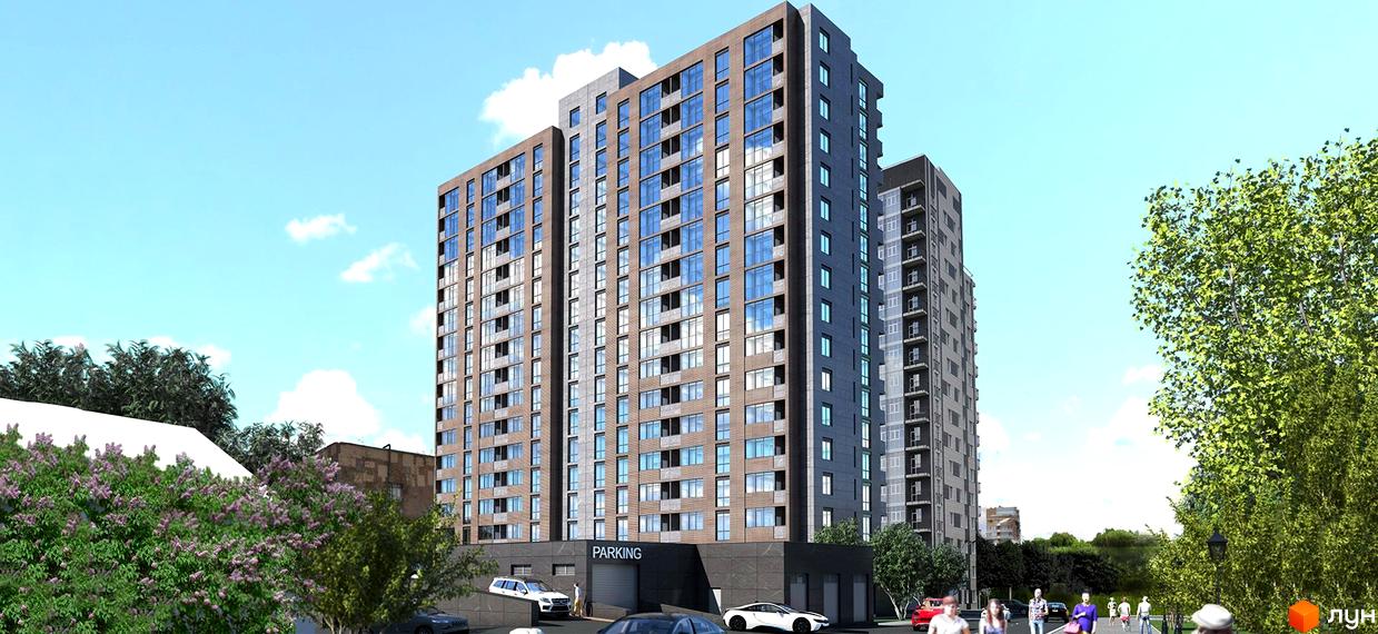 Житловий комплекс Дипломат. Високоповерхові будинки з великою кількістю вікон. На території є парковка та зелені насадження.