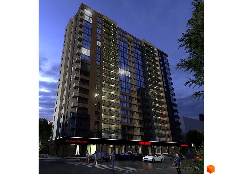 Новобудова Дипломат: багатоповерховий будинок із заскленими фасадами та балконами. На першому поверсі розташовані магазини, поруч дорога з авто та пішоходами.