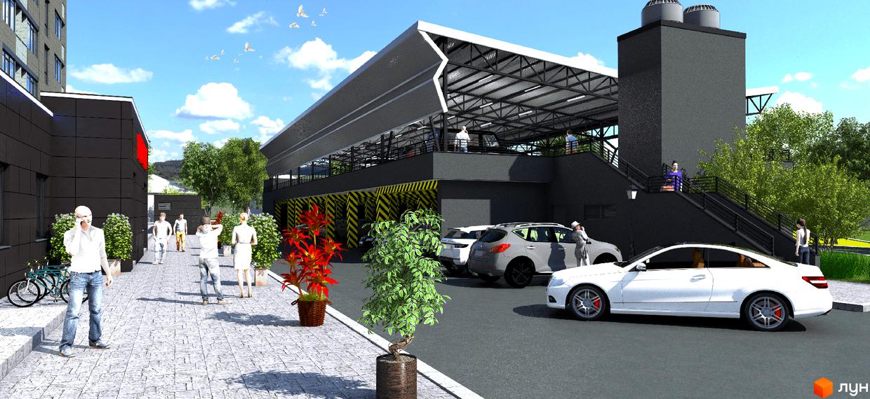 Житловий комплекс Дипломат: багаторівнева будівля з темним фасадом та критим паркінгом. На прибудинковій території бруківка, зелені насадження та автомобілі.