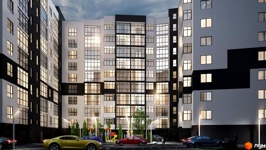 Зовнішній вигляд новобудови ЖК Цитадель-3 з великою кількістю вікон та прибудинковою територією з автомобілями та дитячим майданчиком.