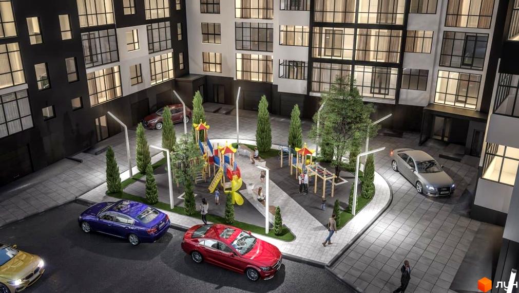 Житловий комплекс Цитадель-3 з дитячим майданчиком та місцями для паркування автомобілів. Сучасна архітектура будинку з великими вікнами.