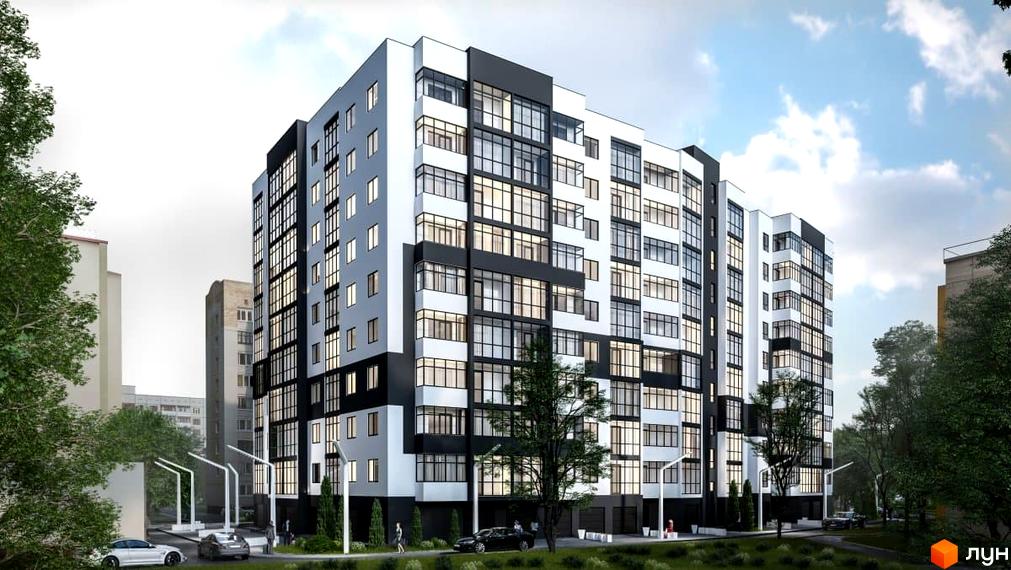 Зовнішній вигляд житлового комплексу Цитадель-3 з біло-чорними фасадами та великими вікнами, на прибудинковій території розташовані дерева та автомобілі.