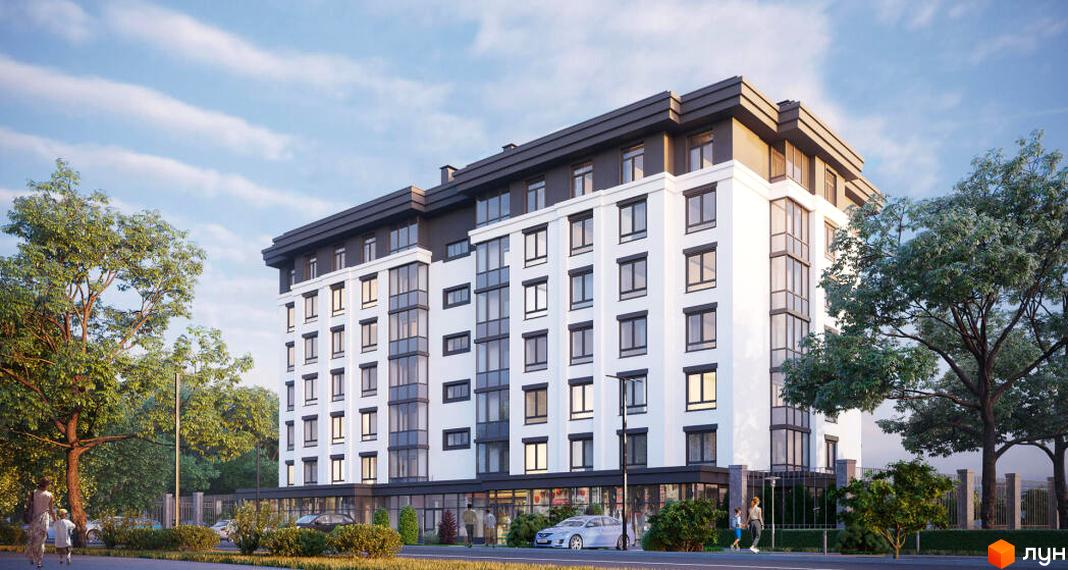 Зовнішній вигляд новобудови ЖК White House з біло-сірим фасадом та великими вікнами. Навколо будівлі зелені дерева та доглянута прибудинкова територія.