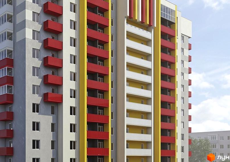 Висотна будівля Житлового комплексу ZerNova з балконами червоного кольору. Фасад будинку сірого кольору з жовтими та білими вставками.