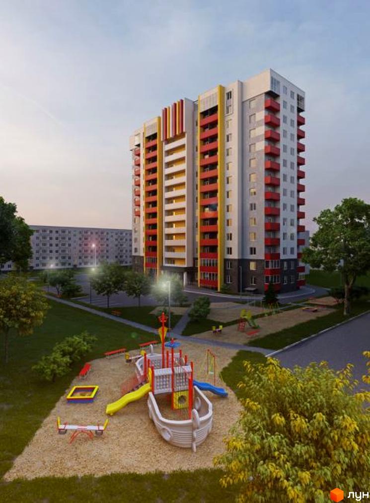 Висотна будівля ЖК ZerNova з яскравими фасадами та дитячим майданчиком на прибудинковій території. Поруч розташовані зелені насадження та парковка.