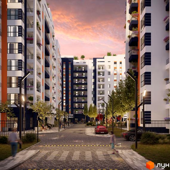 Житловий комплекс Park Residence: фасади будівель з панорамними вікнами та балконами, затишна прибудинкова територія з алеями та зонами відпочинку.