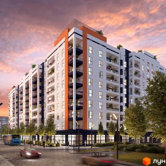 Житловий комплекс Park Residence з біло-помаранчевим фасадом та балконами, що виходять на вулицю з деревами та дорогою.