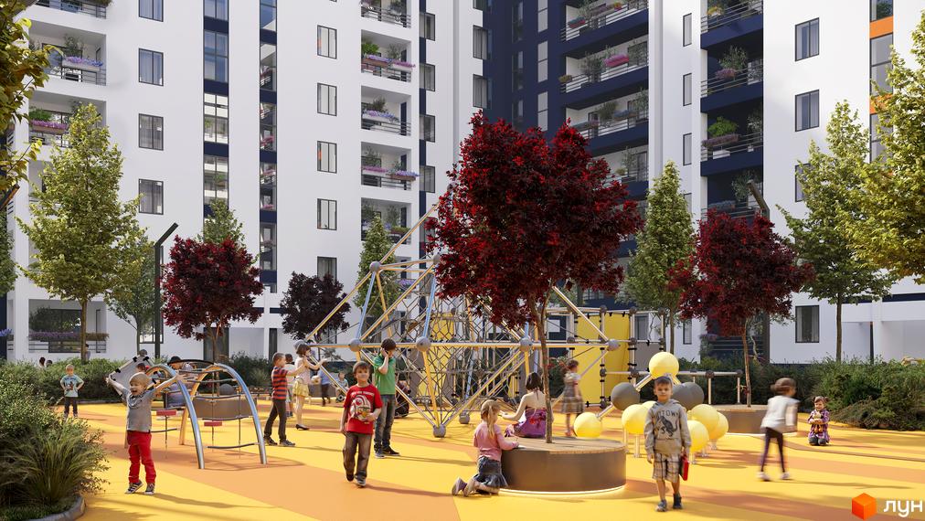 Житловий комплекс Park Residence: білі фасади з синіми елементами, балкони з рослинами, дитячий майданчик з гірками та дітьми.