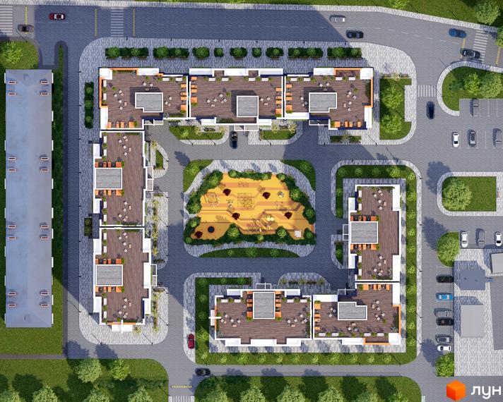 Житловий комплекс Park Residence з висоти пташиного польоту: багатоповерхові будинки з терасами та внутрішній двір з дитячим майданчиком.