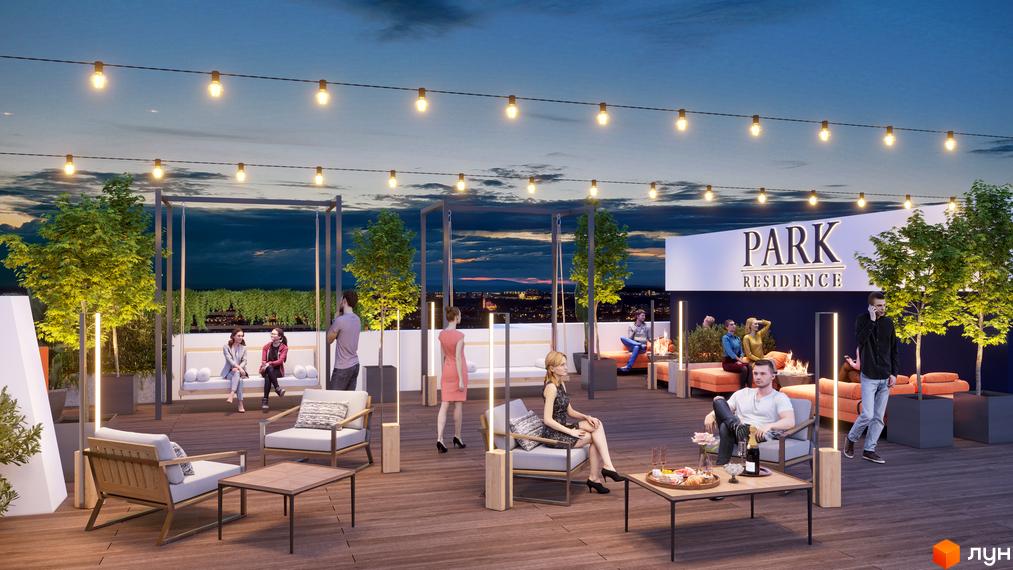 Вечірня тераса на даху Житлового комплексу Park Residence з зонами відпочинку, меблями, освітленням та видом на місто.