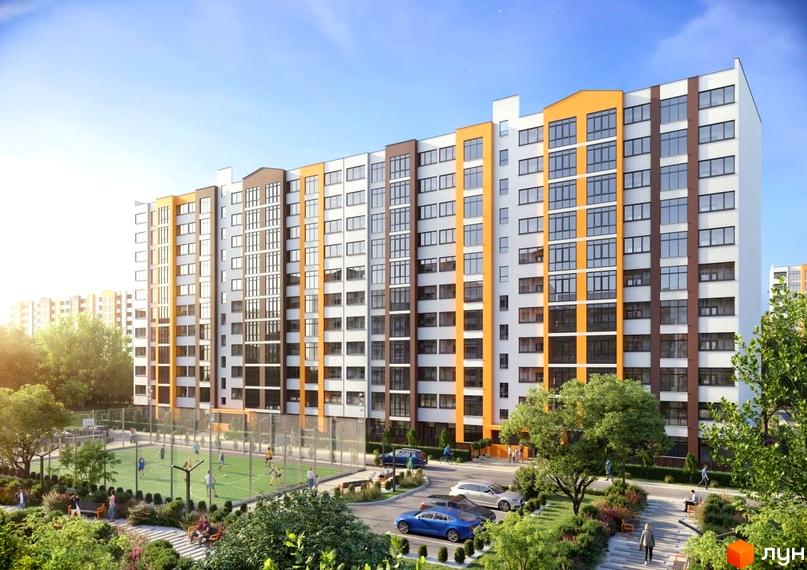 Житловий комплекс Orange Park: багатоповерховий будинок з яскравими помаранчевими та коричневими акцентами, вікнами та прибудинковою територією зі спортивним майданчиком та зонами відпочинку.