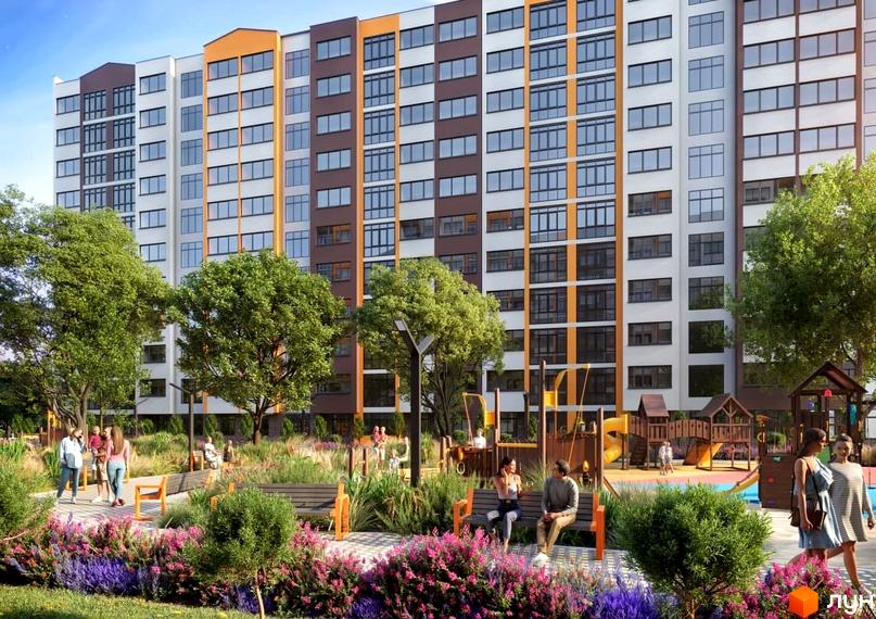 Житловий комплекс Orange Park: багатоповерховий будинок з коричневими та помаранчевими елементами фасаду, облаштований двір з дитячим майданчиком та зонами відпочинку.