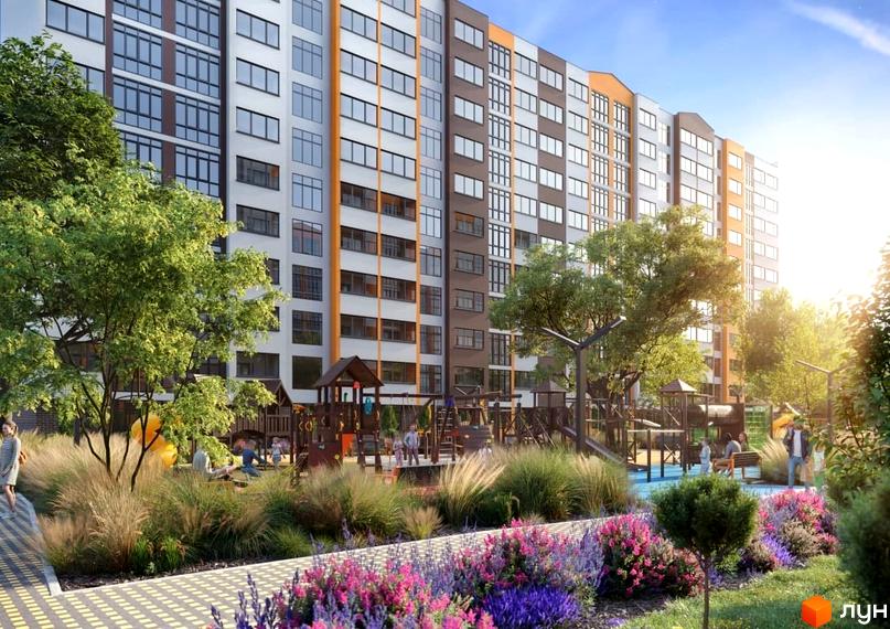 Житловий комплекс Orange Park з фасадами в сірих та помаранчевих тонах. На прибудинковій території розташований дитячий майданчик та зелені насадження.